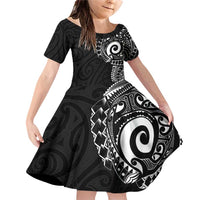 New Zealand Maori Koru Art Traditional Tattoo Family Matching Off Shoulder Short Dress and Hawaiian Shirt Simple Style LT03 Daughter's Dress Black - Polynesian Pride