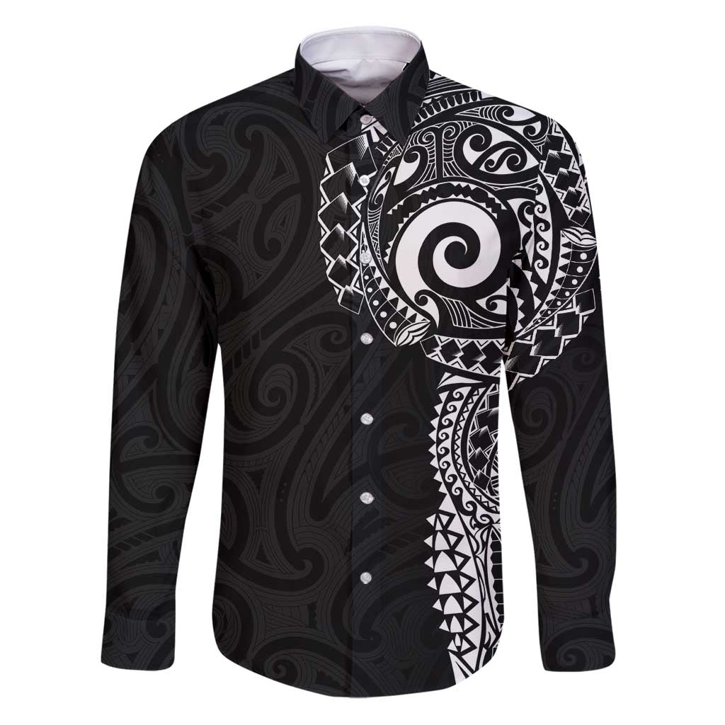 New Zealand Maori Koru Art Traditional Tattoo Family Matching Puletasi and Hawaiian Shirt Simple Style LT03 Dad's Shirt - Long Sleeve Black - Polynesian Pride