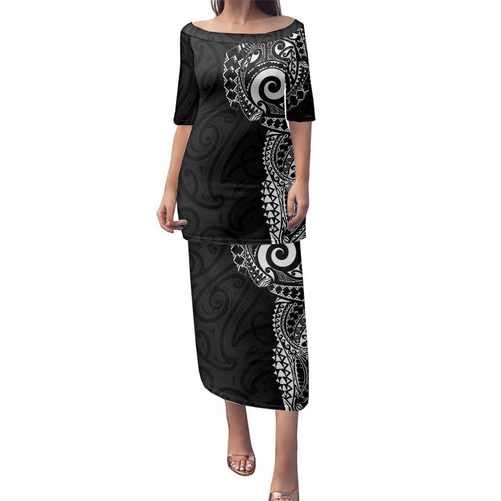 New Zealand Maori Koru Art Traditional Tattoo Family Matching Puletasi and Hawaiian Shirt Simple Style LT03 Mom's Dress Black - Polynesian Pride