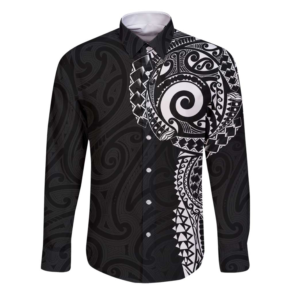 New Zealand Maori Koru Art Traditional Tattoo Family Matching Short Sleeve Bodycon Dress and Hawaiian Shirt Simple Style LT03 Dad's Shirt - Long Sleeve Black - Polynesian Pride