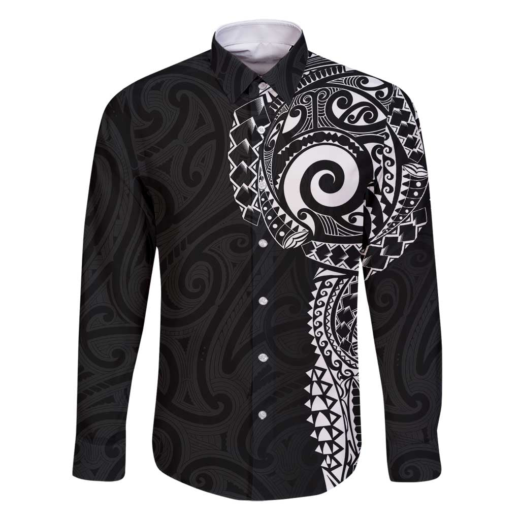 New Zealand Maori Koru Art Traditional Tattoo Family Matching Summer Maxi Dress and Hawaiian Shirt Simple Style LT03 Dad's Shirt - Long Sleeve Black - Polynesian Pride