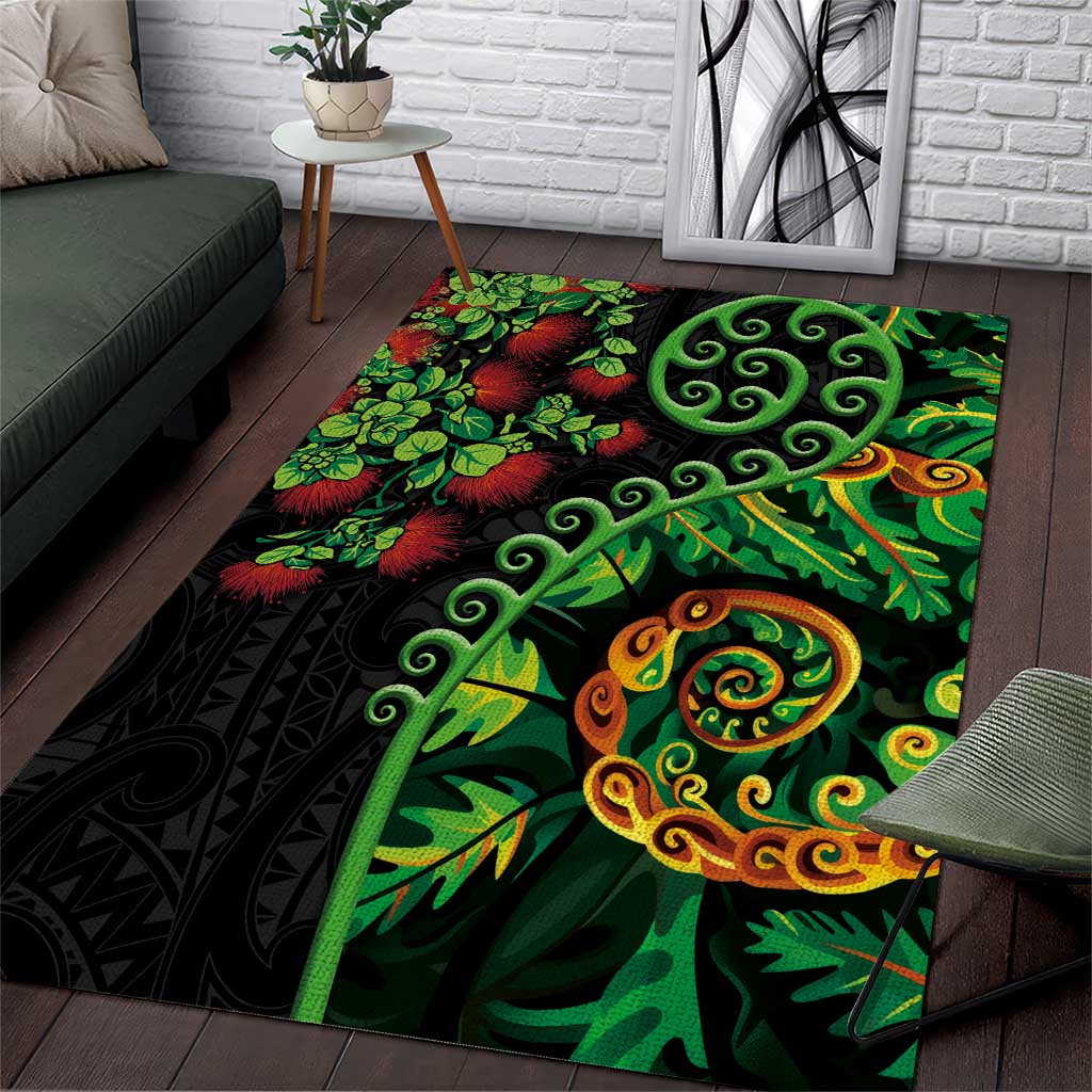 New Zealand Koru Plants and Pohutukawa Area Rug Maori Tattoo Pattern LT03 Black - Polynesian Pride