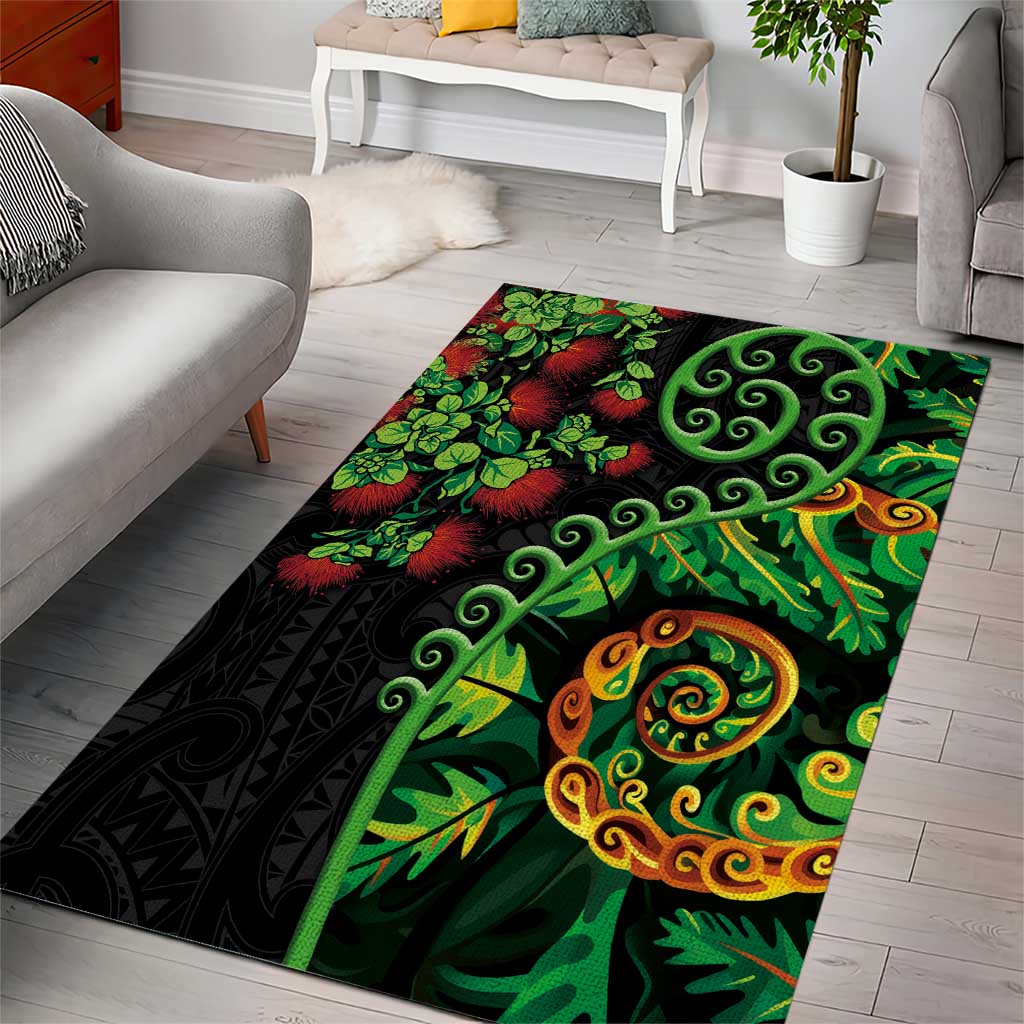 New Zealand Koru Plants and Pohutukawa Area Rug Maori Tattoo Pattern LT03 - Polynesian Pride