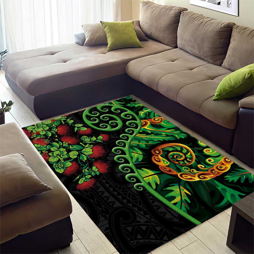 New Zealand Koru Plants and Pohutukawa Area Rug Maori Tattoo Pattern LT03 - Polynesian Pride