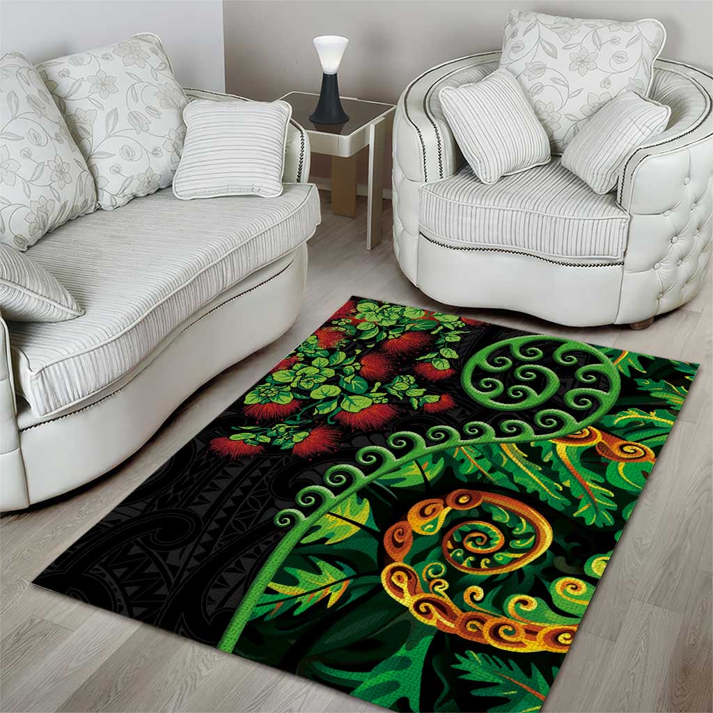New Zealand Koru Plants and Pohutukawa Area Rug Maori Tattoo Pattern LT03 - Polynesian Pride