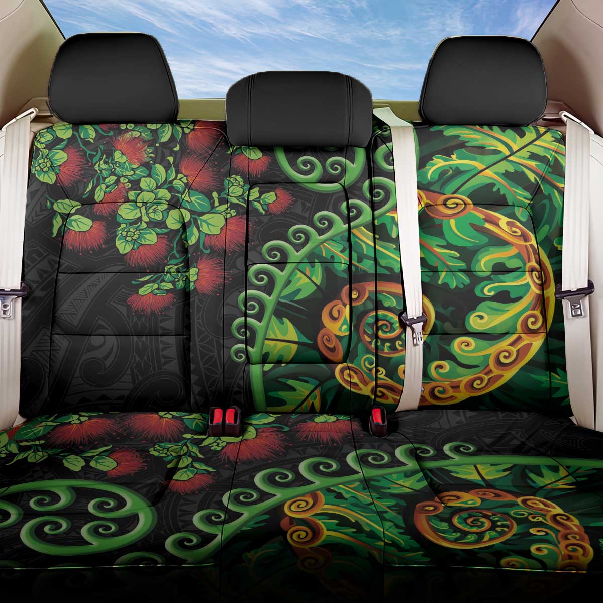 New Zealand Koru Plants and Pohutukawa Back Car Seat Cover Maori Tattoo Pattern LT03 One Size Black - Polynesian Pride