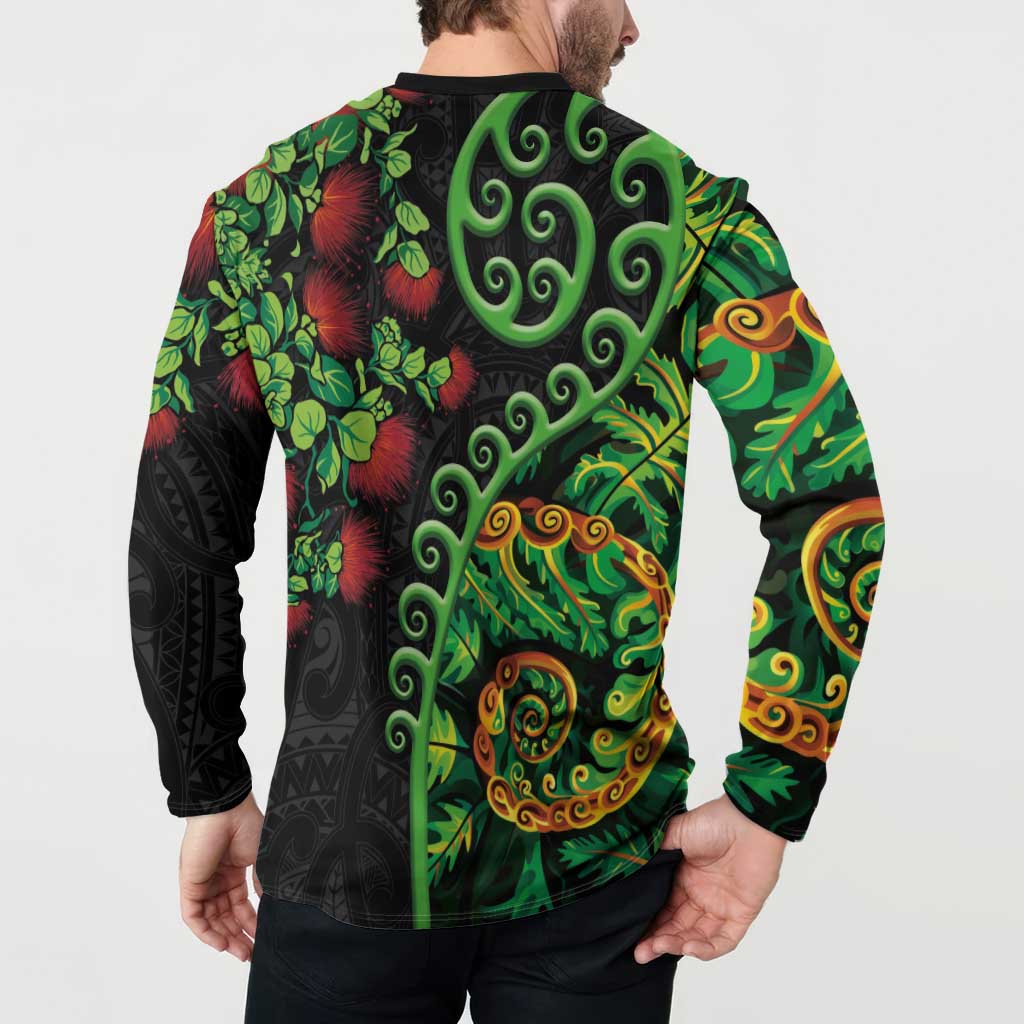New Zealand Koru Plants and Pohutukawa Button Sweatshirt Maori Tattoo Pattern