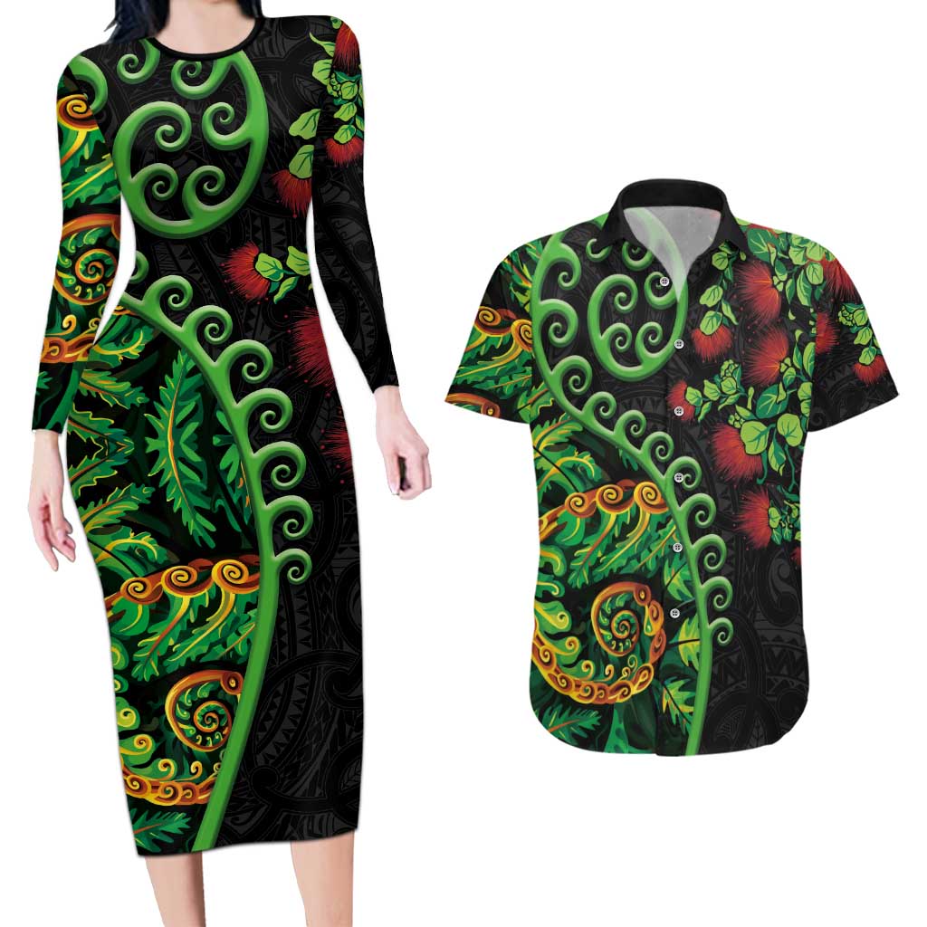 New Zealand Koru Plants and Pohutukawa Couples Matching Long Sleeve Bodycon Dress and Hawaiian Shirt Maori Tattoo Pattern LT03 Black - Polynesian Pride