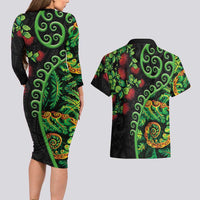 New Zealand Koru Plants and Pohutukawa Couples Matching Long Sleeve Bodycon Dress and Hawaiian Shirt Maori Tattoo Pattern LT03 - Polynesian Pride