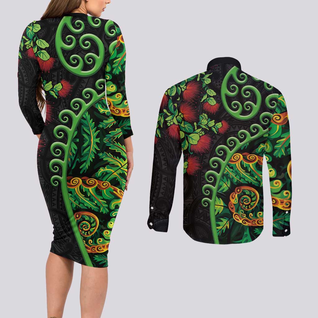New Zealand Koru Plants and Pohutukawa Couples Matching Long Sleeve Bodycon Dress and Long Sleeve Button Shirt Maori Tattoo Pattern LT03 - Polynesian Pride