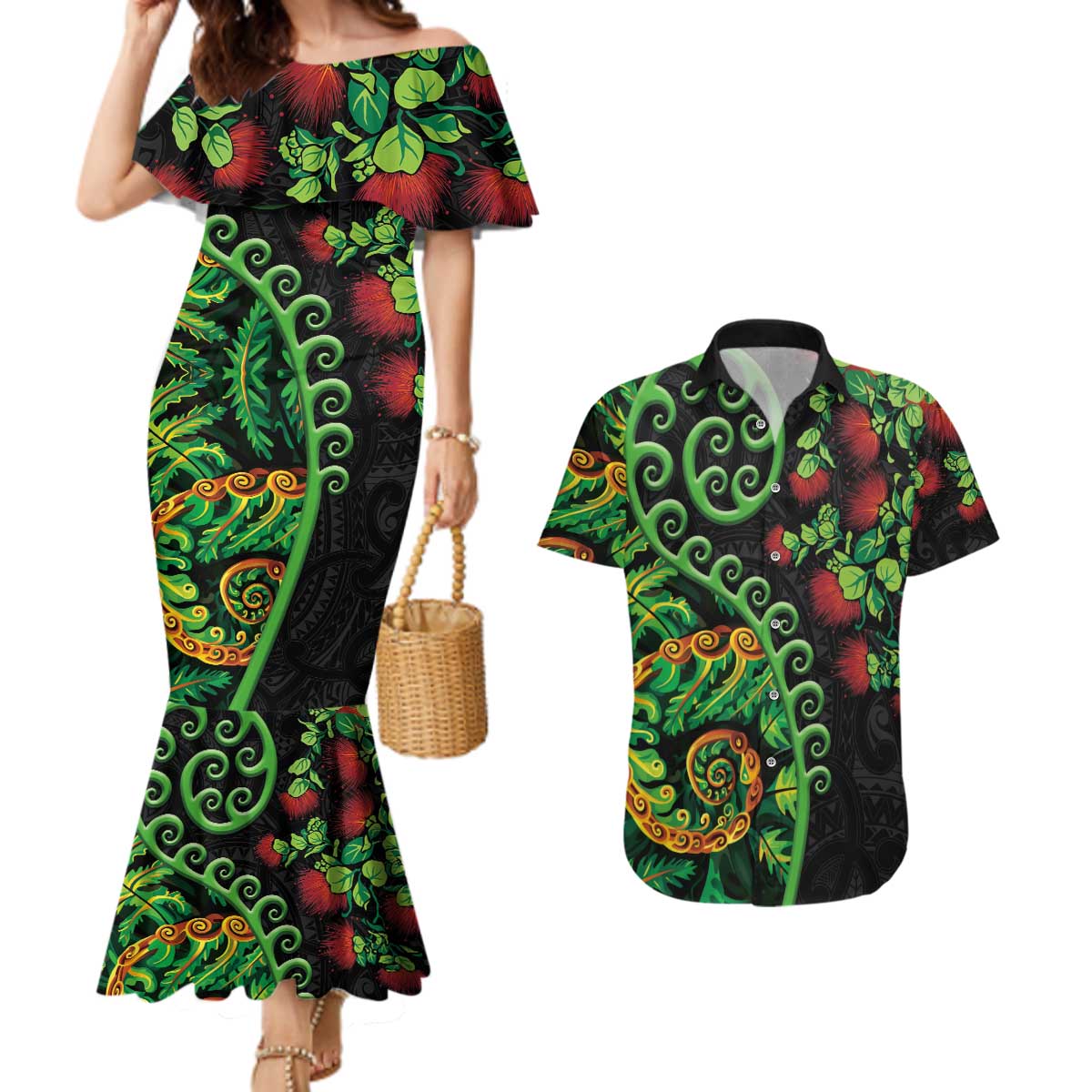 New Zealand Koru Plants and Pohutukawa Couples Matching Mermaid Dress and Hawaiian Shirt Maori Tattoo Pattern LT03 Black - Polynesian Pride