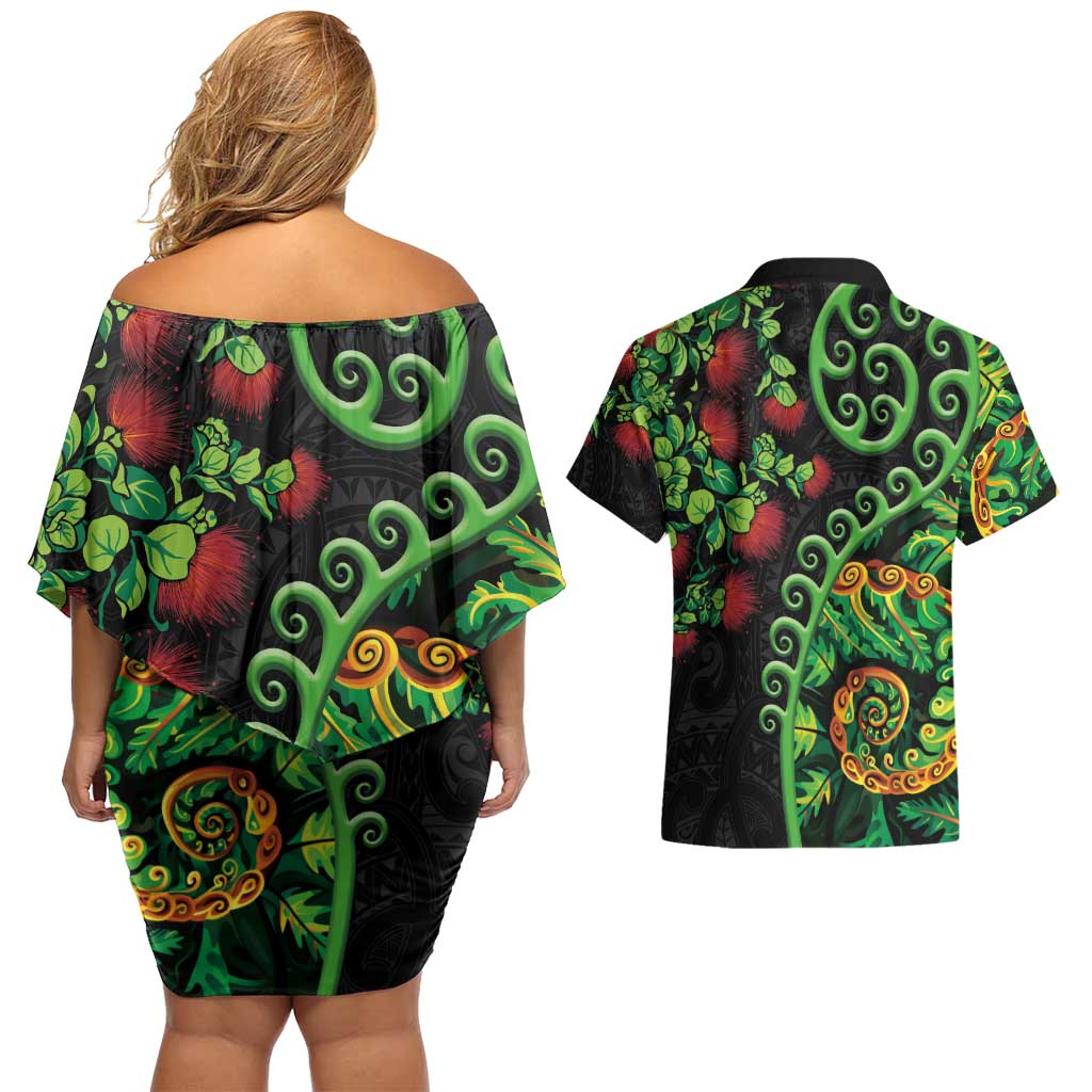 New Zealand Koru Plants and Pohutukawa Couples Matching Off Shoulder Short Dress and Hawaiian Shirt Maori Tattoo Pattern LT03 - Polynesian Pride