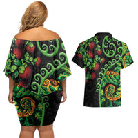 New Zealand Koru Plants and Pohutukawa Couples Matching Off Shoulder Short Dress and Hawaiian Shirt Maori Tattoo Pattern LT03 - Polynesian Pride