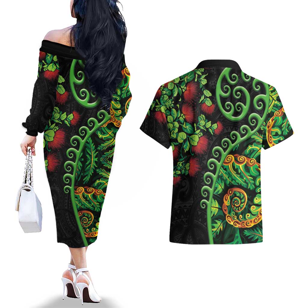 New Zealand Koru Plants and Pohutukawa Couples Matching Off The Shoulder Long Sleeve Dress and Hawaiian Shirt Maori Tattoo Pattern LT03 - Polynesian Pride