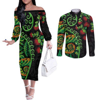 New Zealand Koru Plants and Pohutukawa Couples Matching Off The Shoulder Long Sleeve Dress and Long Sleeve Button Shirt Maori Tattoo Pattern LT03 Black - Polynesian Pride