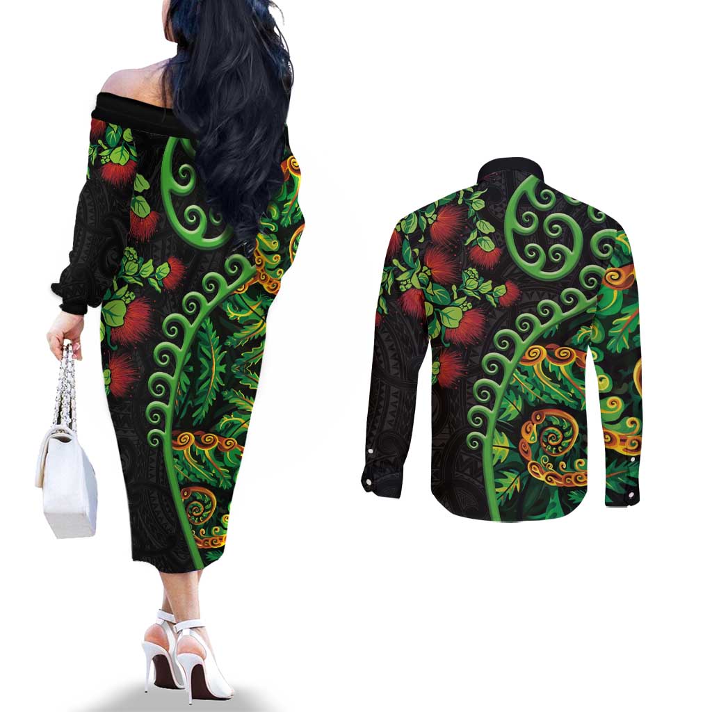 New Zealand Koru Plants and Pohutukawa Couples Matching Off The Shoulder Long Sleeve Dress and Long Sleeve Button Shirt Maori Tattoo Pattern LT03 - Polynesian Pride