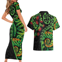 New Zealand Koru Plants and Pohutukawa Couples Matching Short Sleeve Bodycon Dress and Hawaiian Shirt Maori Tattoo Pattern LT03 - Polynesian Pride