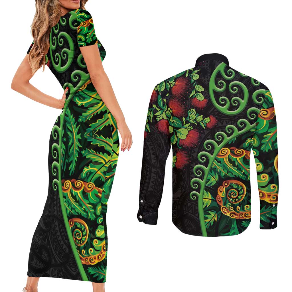 New Zealand Koru Plants and Pohutukawa Couples Matching Short Sleeve Bodycon Dress and Long Sleeve Button Shirt Maori Tattoo Pattern LT03 - Polynesian Pride