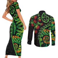 New Zealand Koru Plants and Pohutukawa Couples Matching Short Sleeve Bodycon Dress and Long Sleeve Button Shirt Maori Tattoo Pattern LT03 - Polynesian Pride