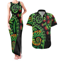 New Zealand Koru Plants and Pohutukawa Couples Matching Tank Maxi Dress and Hawaiian Shirt Maori Tattoo Pattern LT03 Black - Polynesian Pride