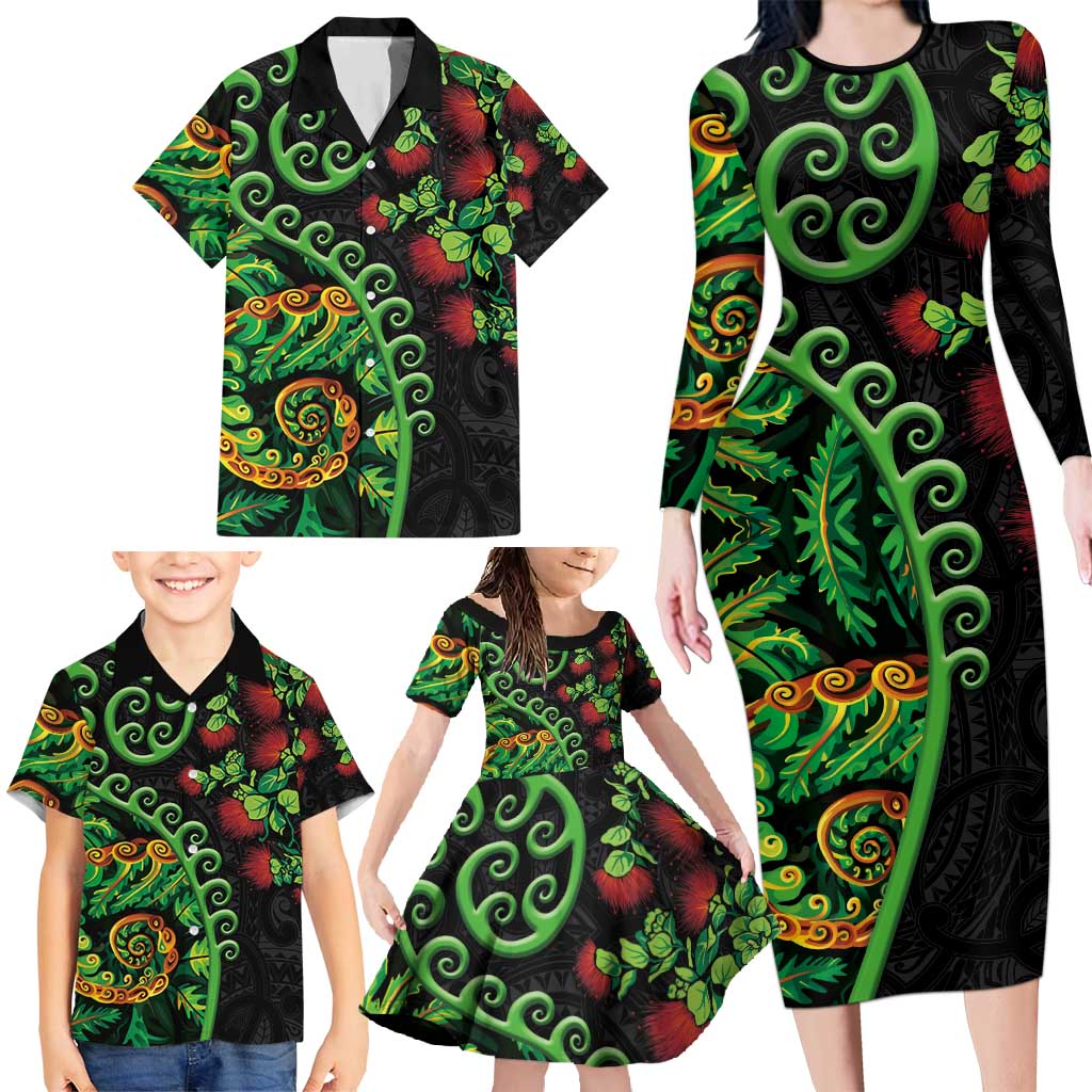 New Zealand Koru Plants and Pohutukawa Family Matching Long Sleeve Bodycon Dress and Hawaiian Shirt Maori Tattoo Pattern LT03 - Polynesian Pride