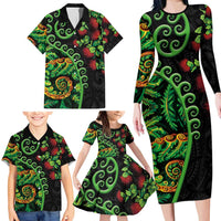 New Zealand Koru Plants and Pohutukawa Family Matching Long Sleeve Bodycon Dress and Hawaiian Shirt Maori Tattoo Pattern LT03 - Polynesian Pride