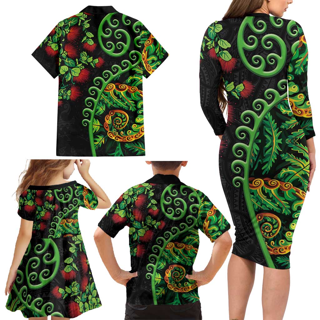 New Zealand Koru Plants and Pohutukawa Family Matching Long Sleeve Bodycon Dress and Hawaiian Shirt Maori Tattoo Pattern LT03 - Polynesian Pride
