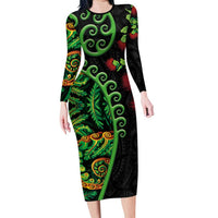 New Zealand Koru Plants and Pohutukawa Family Matching Long Sleeve Bodycon Dress and Hawaiian Shirt Maori Tattoo Pattern LT03 Mom's Dress Black - Polynesian Pride