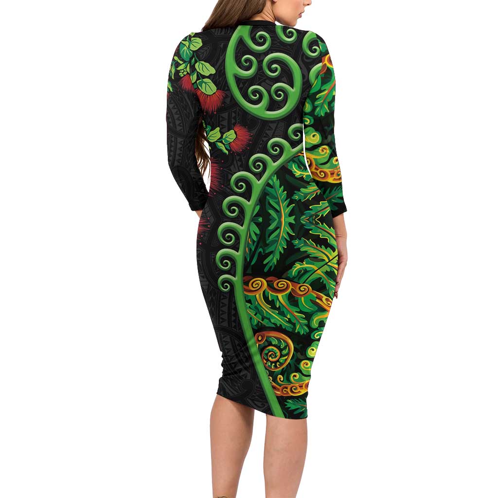 New Zealand Koru Plants and Pohutukawa Family Matching Long Sleeve Bodycon Dress and Hawaiian Shirt Maori Tattoo Pattern LT03 - Polynesian Pride