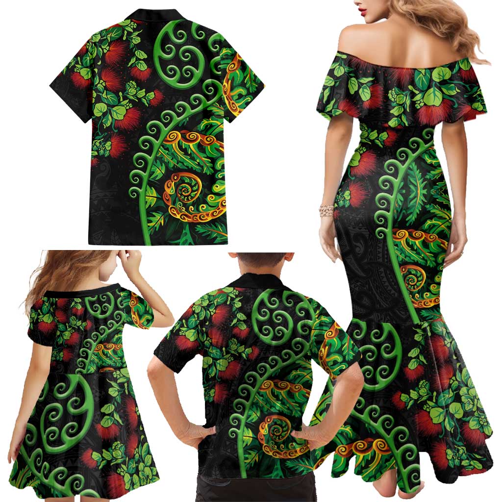 New Zealand Koru Plants and Pohutukawa Family Matching Mermaid Dress and Hawaiian Shirt Maori Tattoo Pattern LT03 - Polynesian Pride