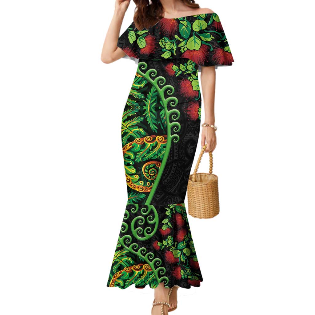 New Zealand Koru Plants and Pohutukawa Family Matching Mermaid Dress and Hawaiian Shirt Maori Tattoo Pattern LT03 Mom's Dress Black - Polynesian Pride