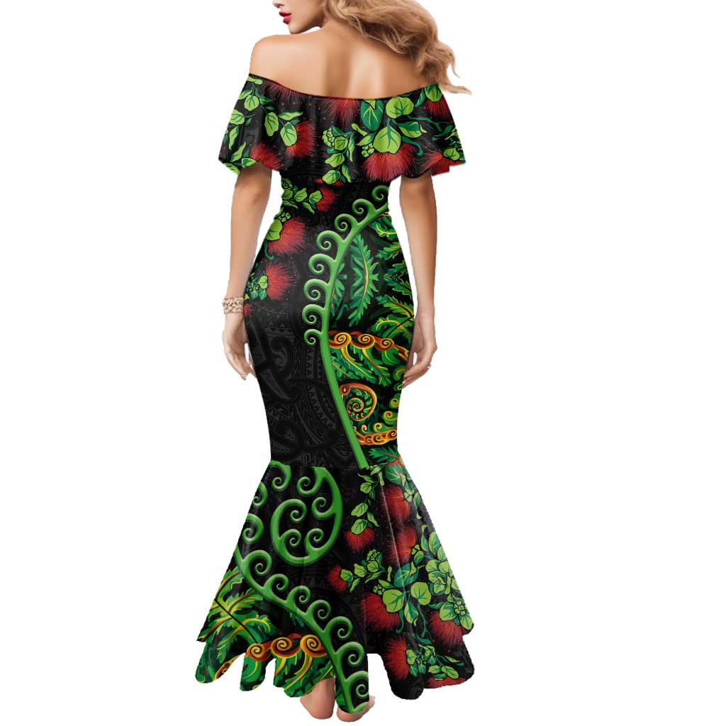 New Zealand Koru Plants and Pohutukawa Family Matching Mermaid Dress and Hawaiian Shirt Maori Tattoo Pattern LT03 - Polynesian Pride