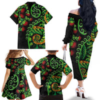 New Zealand Koru Plants and Pohutukawa Family Matching Off The Shoulder Long Sleeve Dress and Hawaiian Shirt Maori Tattoo Pattern LT03 - Polynesian Pride