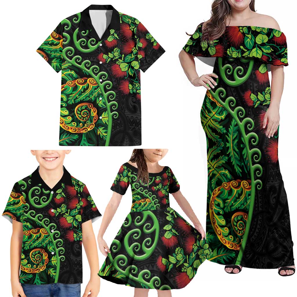 New Zealand Koru Plants and Pohutukawa Family Matching Off Shoulder Maxi Dress and Hawaiian Shirt Maori Tattoo Pattern LT03 - Polynesian Pride