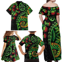 New Zealand Koru Plants and Pohutukawa Family Matching Off Shoulder Maxi Dress and Hawaiian Shirt Maori Tattoo Pattern LT03 - Polynesian Pride