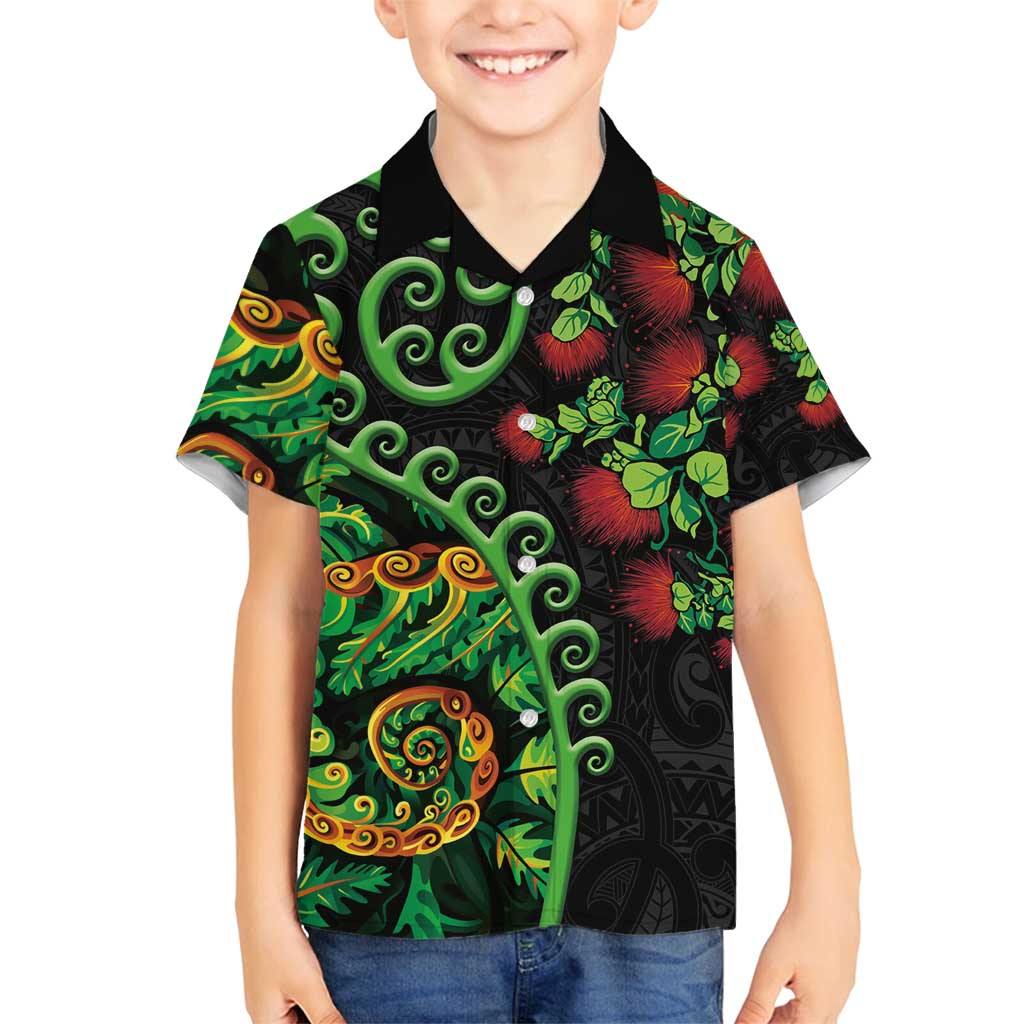 New Zealand Koru Plants and Pohutukawa Family Matching Off Shoulder Maxi Dress and Hawaiian Shirt Maori Tattoo Pattern LT03 Son's Shirt Black - Polynesian Pride