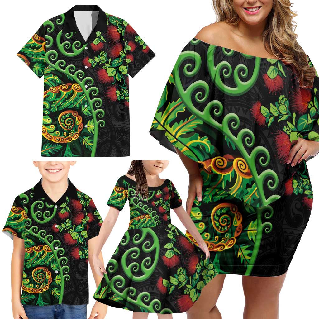 New Zealand Koru Plants and Pohutukawa Family Matching Off Shoulder Short Dress and Hawaiian Shirt Maori Tattoo Pattern LT03 - Polynesian Pride