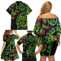 New Zealand Koru Plants and Pohutukawa Family Matching Off Shoulder Short Dress and Hawaiian Shirt Maori Tattoo Pattern LT03 - Polynesian Pride