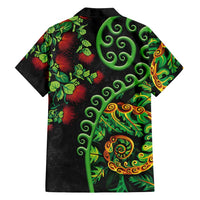 New Zealand Koru Plants and Pohutukawa Family Matching Off Shoulder Short Dress and Hawaiian Shirt Maori Tattoo Pattern LT03 - Polynesian Pride