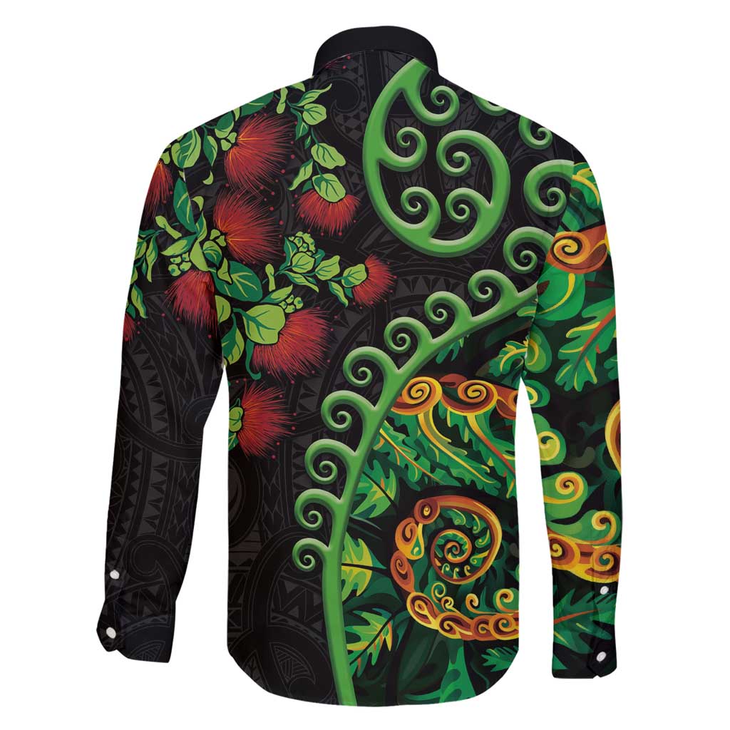 New Zealand Koru Plants and Pohutukawa Family Matching Off Shoulder Short Dress and Hawaiian Shirt Maori Tattoo Pattern LT03 - Polynesian Pride