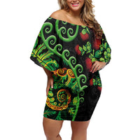 New Zealand Koru Plants and Pohutukawa Family Matching Off Shoulder Short Dress and Hawaiian Shirt Maori Tattoo Pattern LT03 Mom's Dress Black - Polynesian Pride