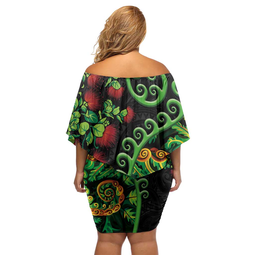 New Zealand Koru Plants and Pohutukawa Family Matching Off Shoulder Short Dress and Hawaiian Shirt Maori Tattoo Pattern LT03 - Polynesian Pride