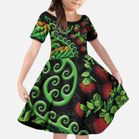 New Zealand Koru Plants and Pohutukawa Family Matching Puletasi and Hawaiian Shirt Maori Tattoo Pattern LT03 Daughter's Dress Black - Polynesian Pride