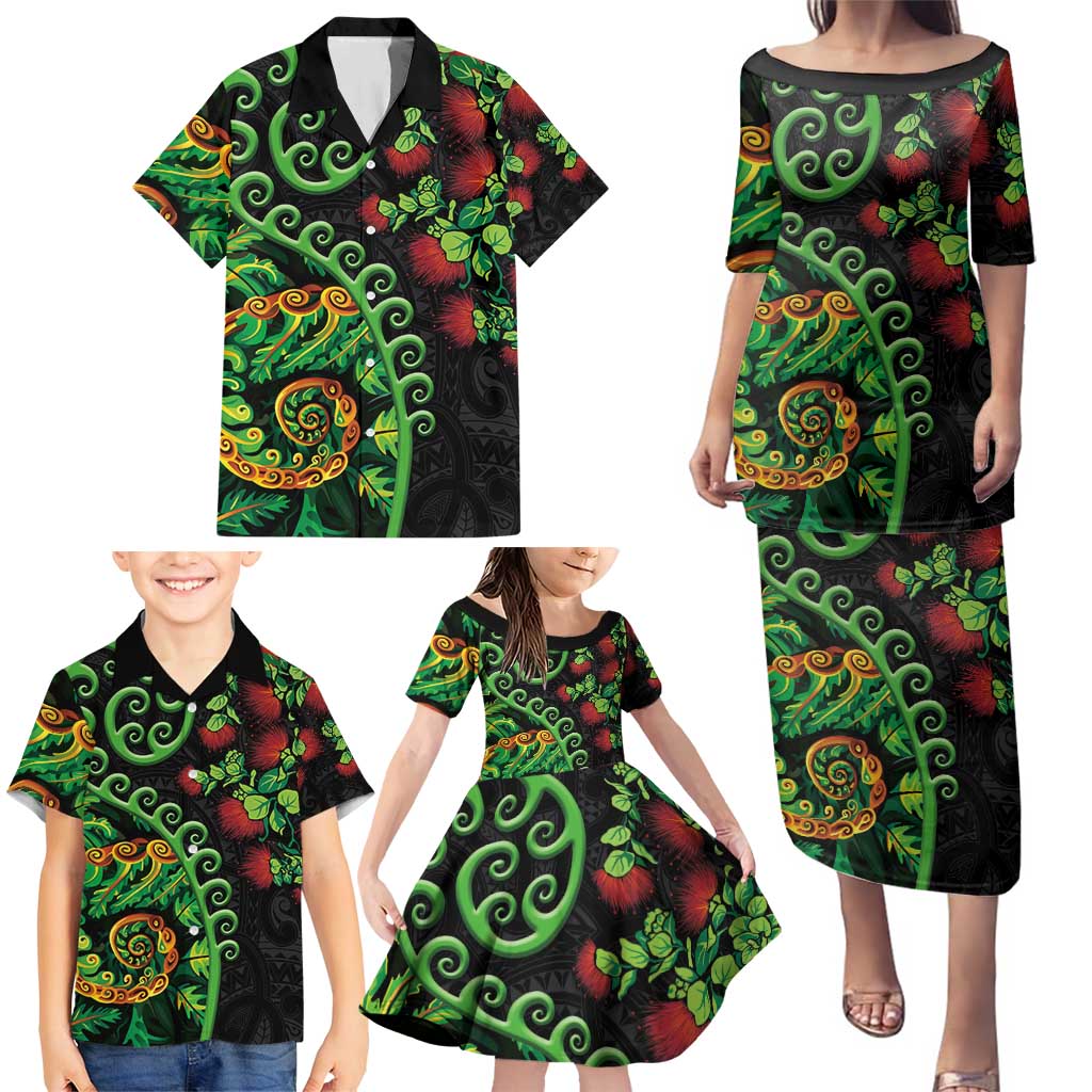 New Zealand Koru Plants and Pohutukawa Family Matching Puletasi and Hawaiian Shirt Maori Tattoo Pattern LT03 - Polynesian Pride
