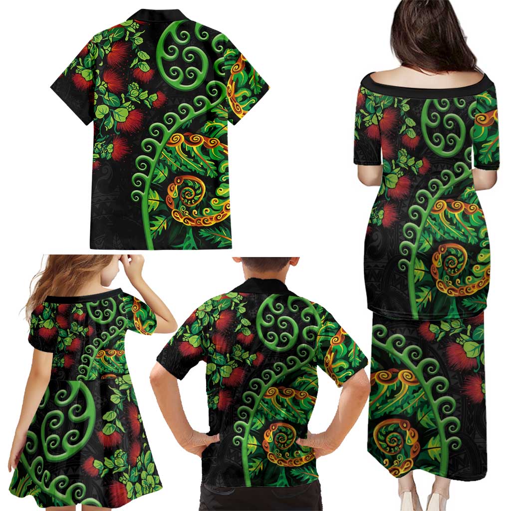New Zealand Koru Plants and Pohutukawa Family Matching Puletasi and Hawaiian Shirt Maori Tattoo Pattern LT03 - Polynesian Pride