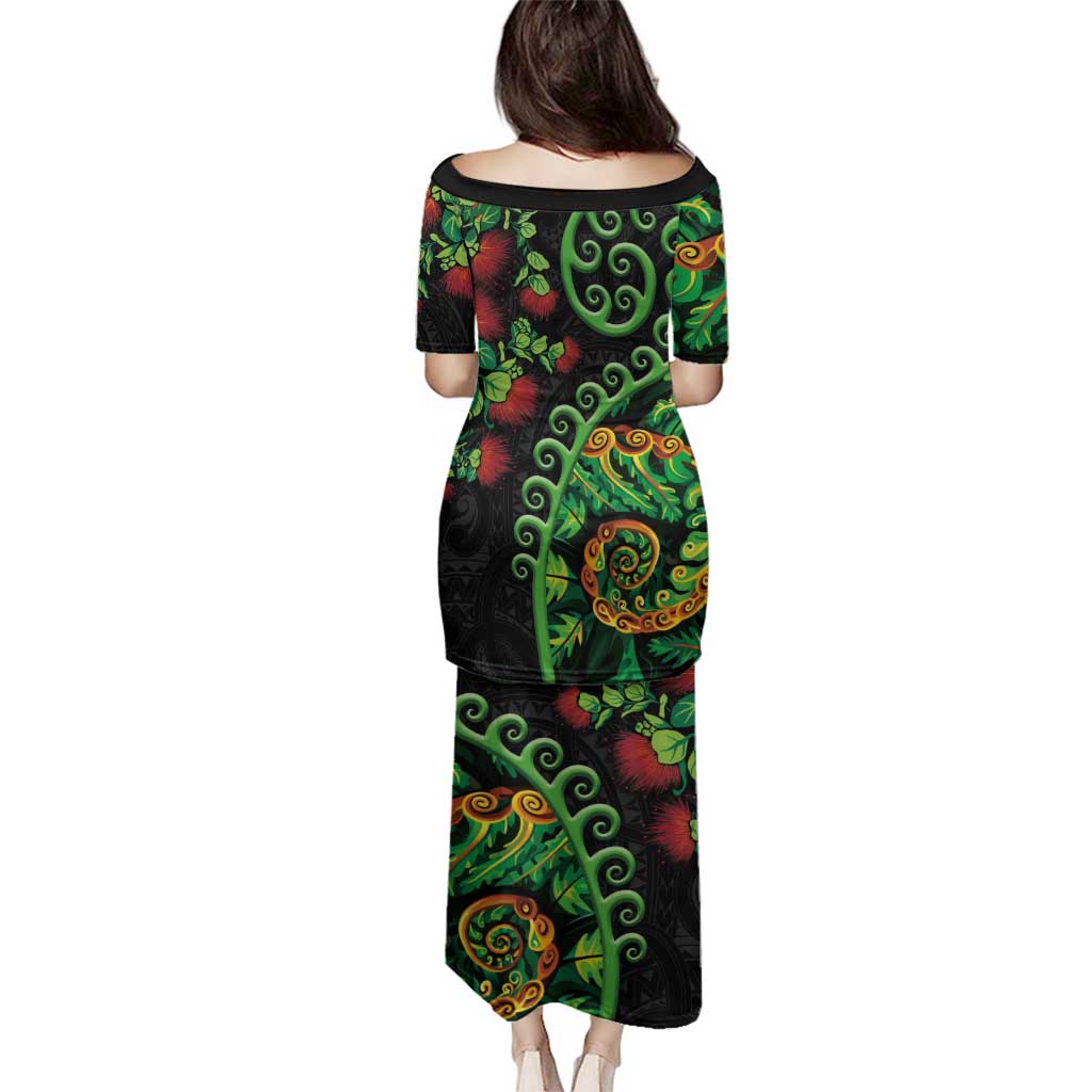 New Zealand Koru Plants and Pohutukawa Family Matching Puletasi and Hawaiian Shirt Maori Tattoo Pattern LT03 - Polynesian Pride