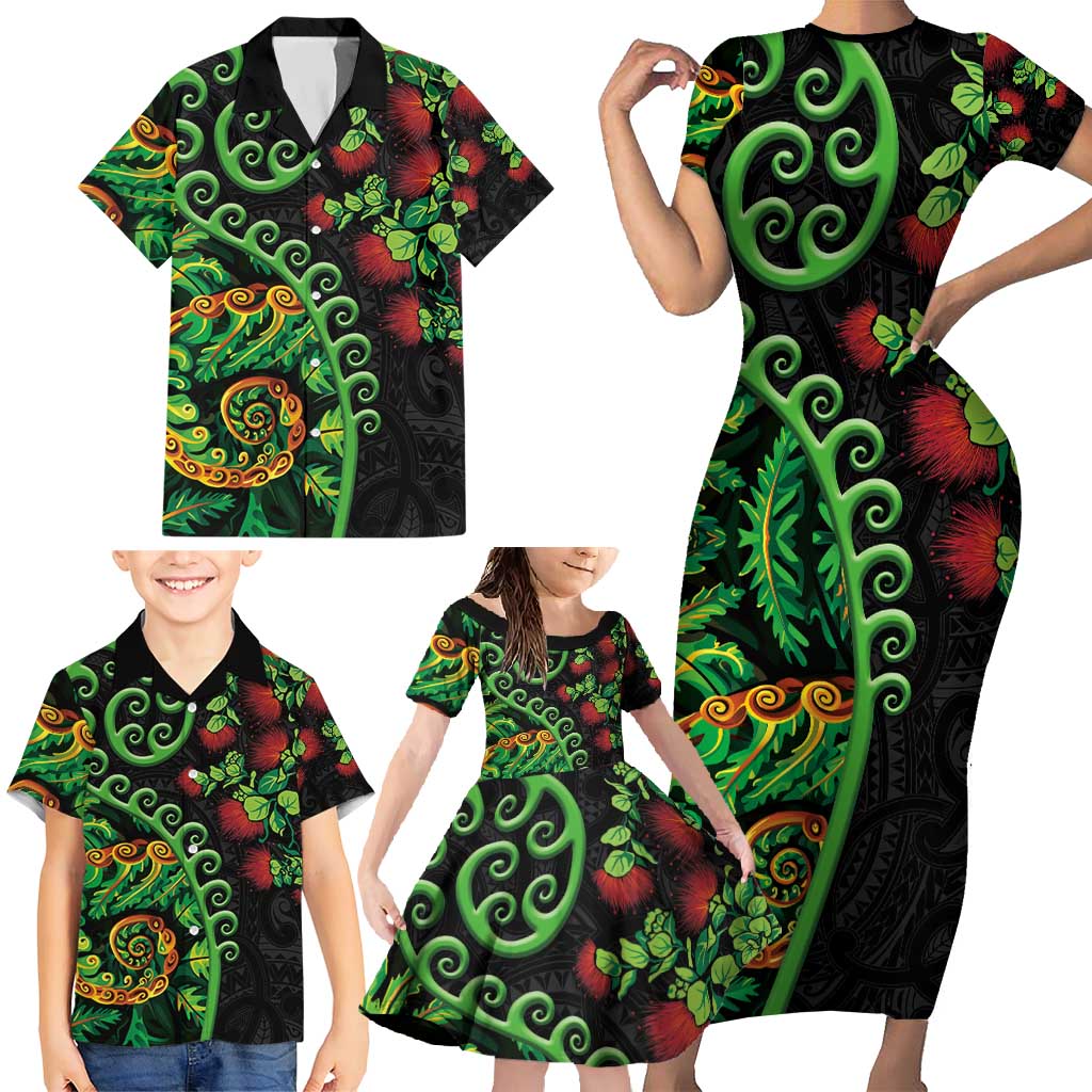 New Zealand Koru Plants and Pohutukawa Family Matching Short Sleeve Bodycon Dress and Hawaiian Shirt Maori Tattoo Pattern LT03 - Polynesian Pride