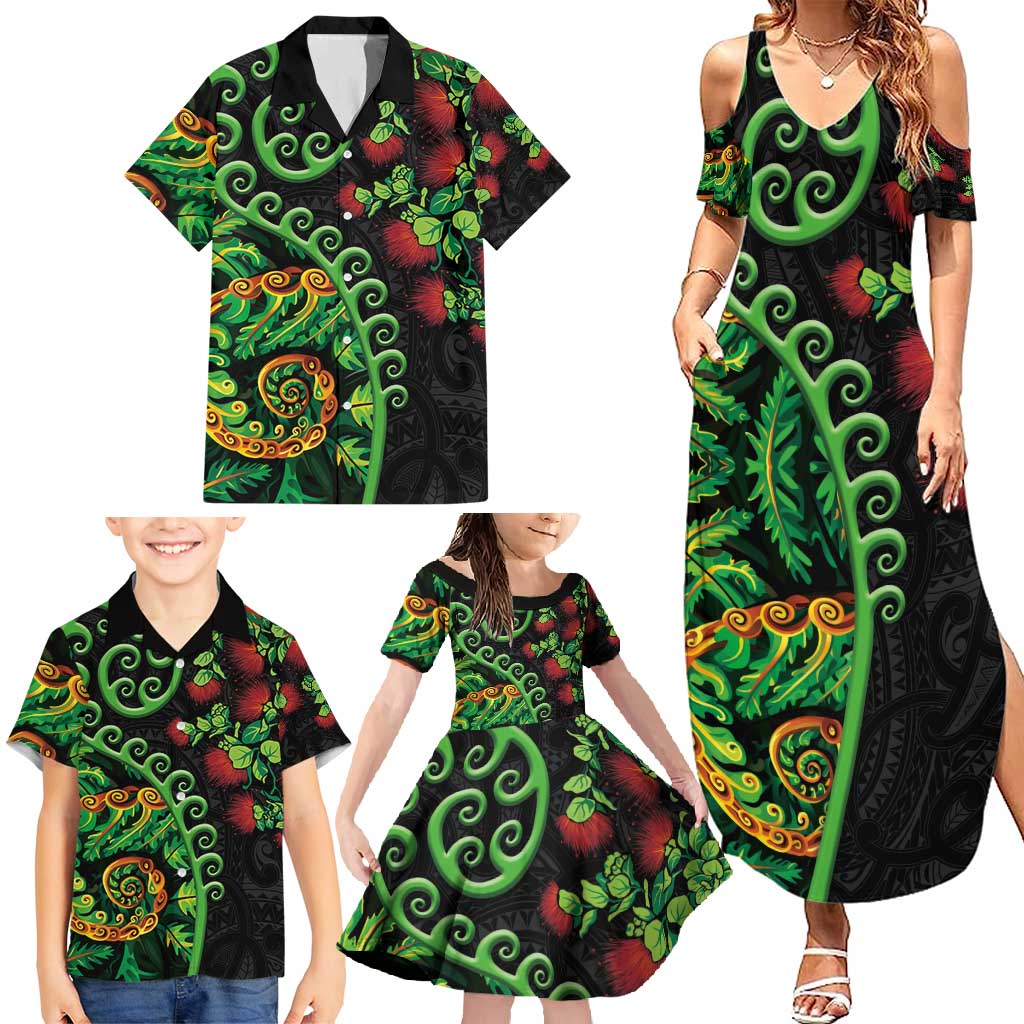 New Zealand Koru Plants and Pohutukawa Family Matching Summer Maxi Dress and Hawaiian Shirt Maori Tattoo Pattern LT03 - Polynesian Pride