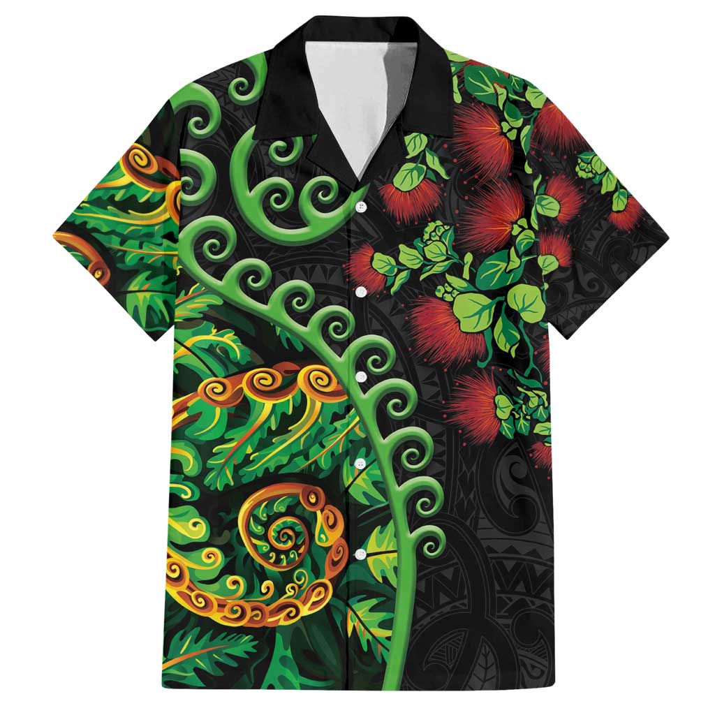 New Zealand Koru Plants and Pohutukawa Family Matching Summer Maxi Dress and Hawaiian Shirt Maori Tattoo Pattern LT03 Dad's Shirt - Short Sleeve Black - Polynesian Pride