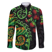 New Zealand Koru Plants and Pohutukawa Family Matching Summer Maxi Dress and Hawaiian Shirt Maori Tattoo Pattern LT03 Dad's Shirt - Long Sleeve Black - Polynesian Pride
